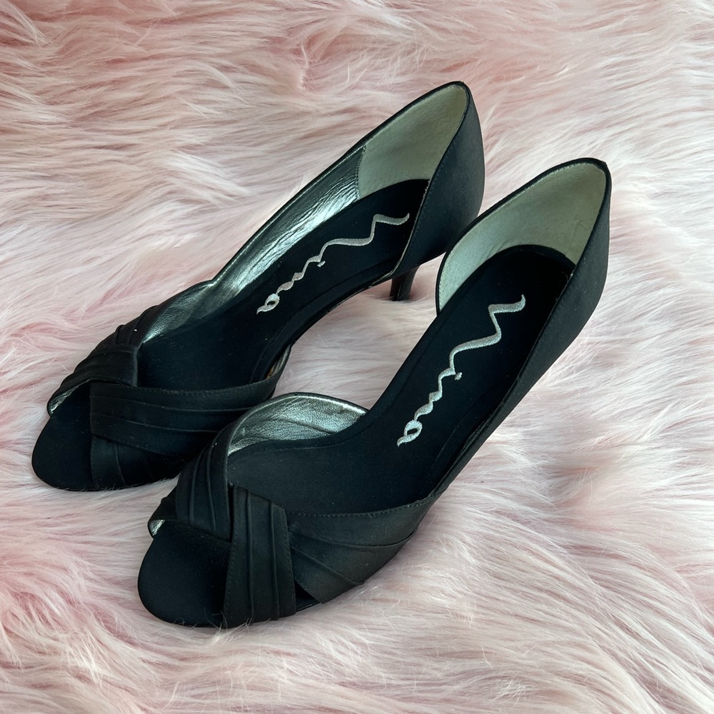 Mina CONTESA WOMENS BLACK SATIN PEEP-TOE D'ORSAY MID-HEEL DRESSY PUMP